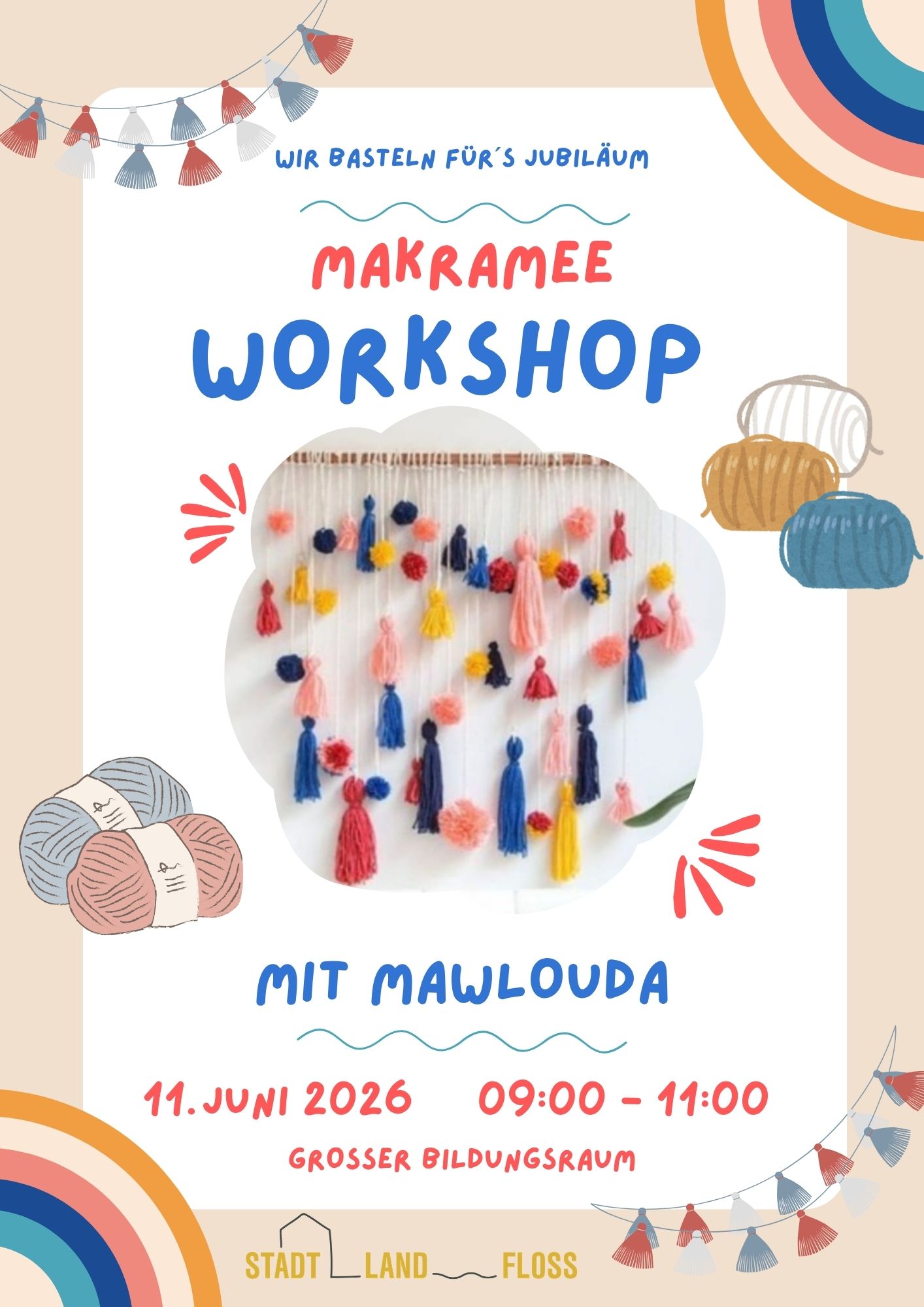 Einladungsflyer zum Makrameeworkshop mit Darstellung von Wolltroddeln