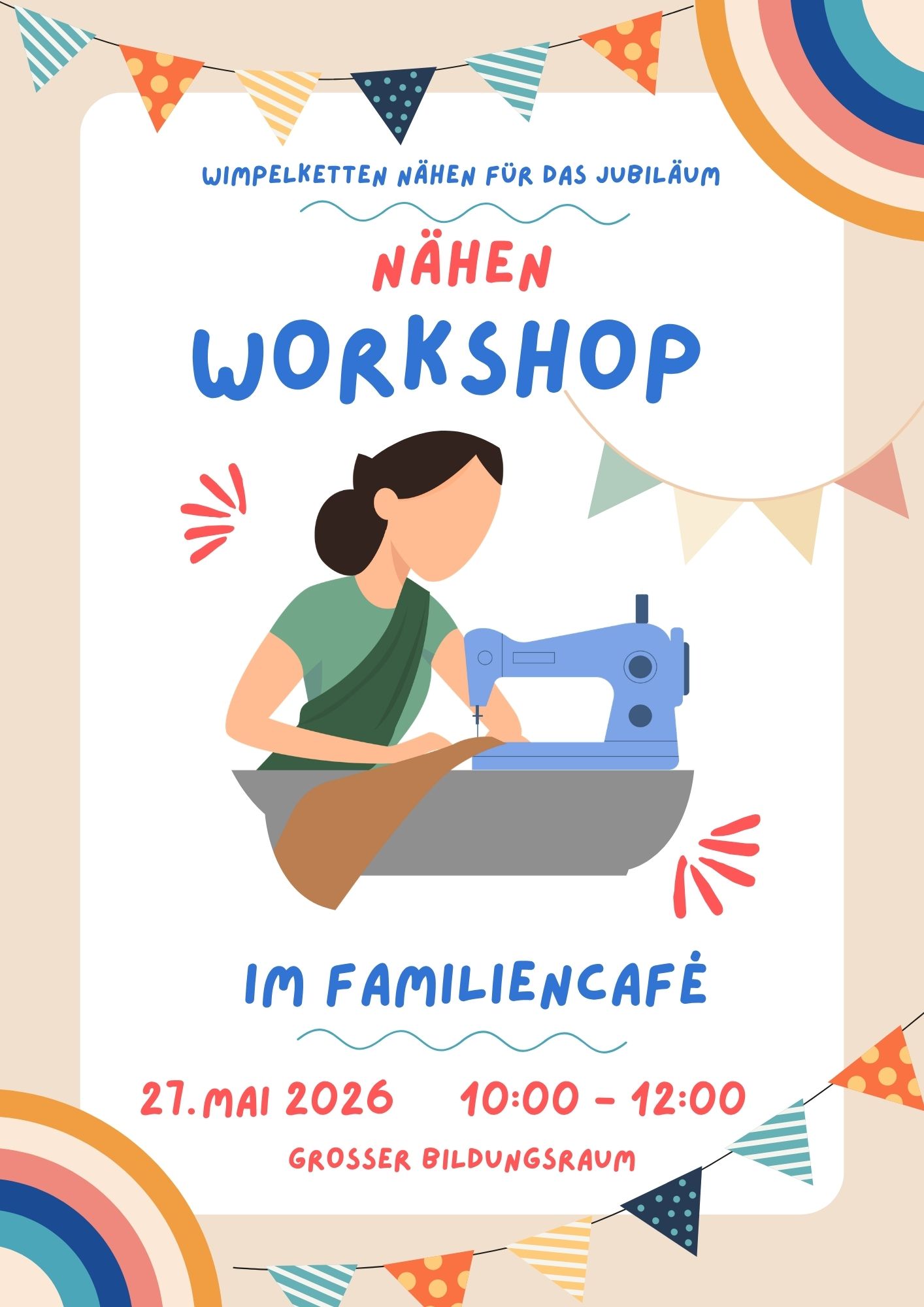 Einladungsflyer zum Nähworkshop mit Darstellung von Wimpelketten und einer Frau an der Nähmaschine