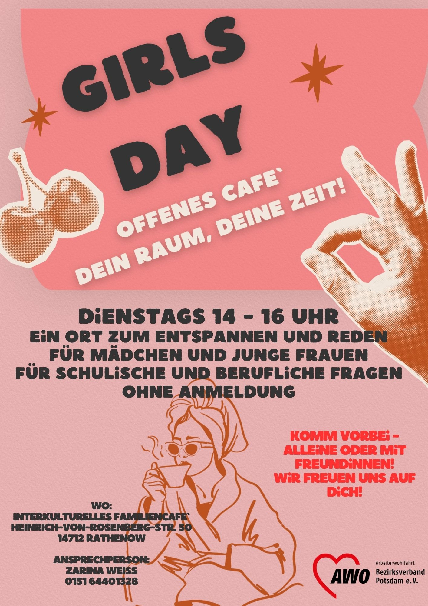Einladungsflyer zum Girls Day mit allen Angaben zum Ort und zur Zeit in den Farben rosa und rot und einer grafischen Darstellung einer Frau die entspannt im Bademantel ein warmes Getränk trinkt