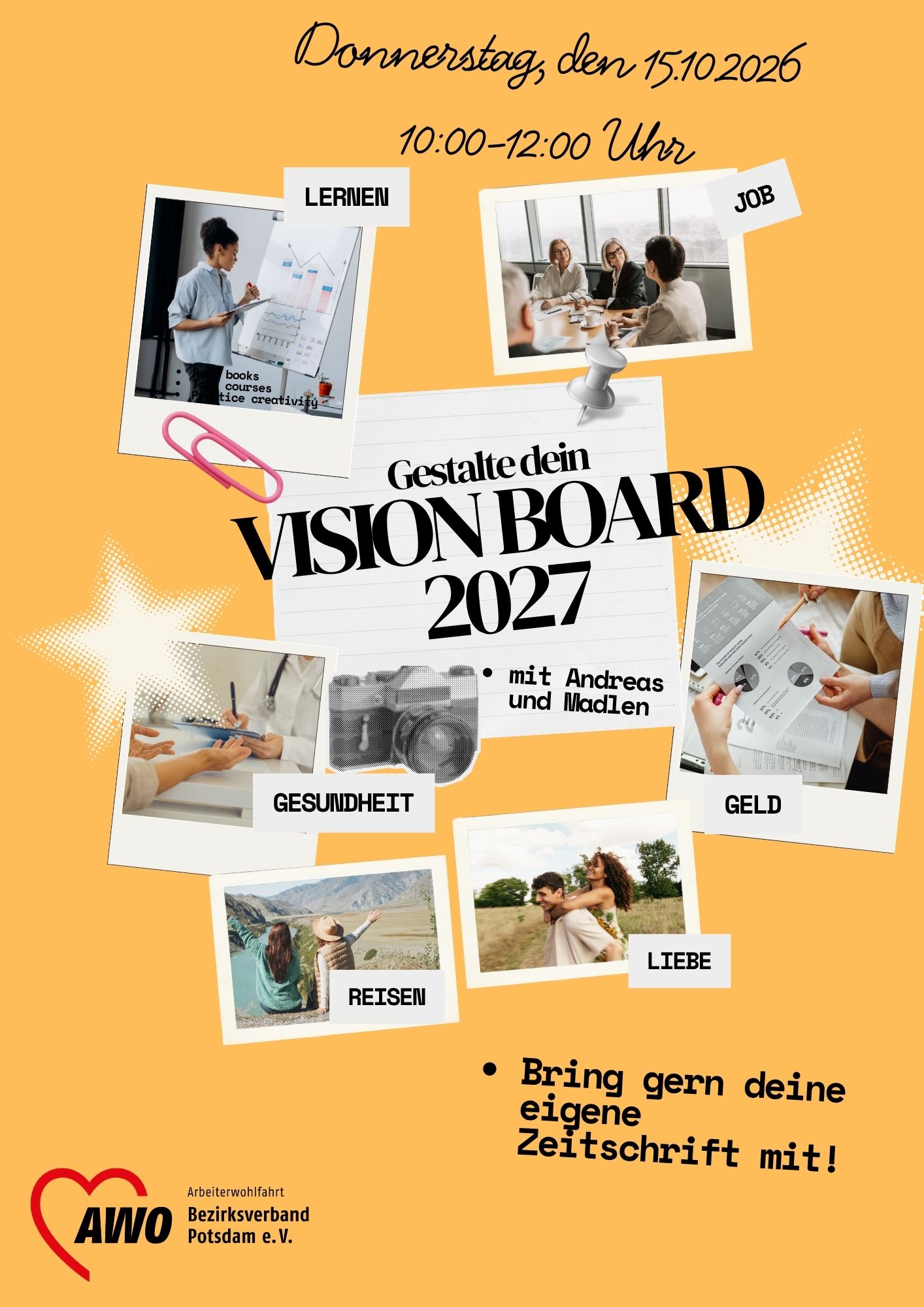 verschiedene Fotos von Menschen in unterschiedlichen thematischen Situationen (Lernen, Geld, Job, Liebe, Reisen, Gesundheit) als Collage gestaltet