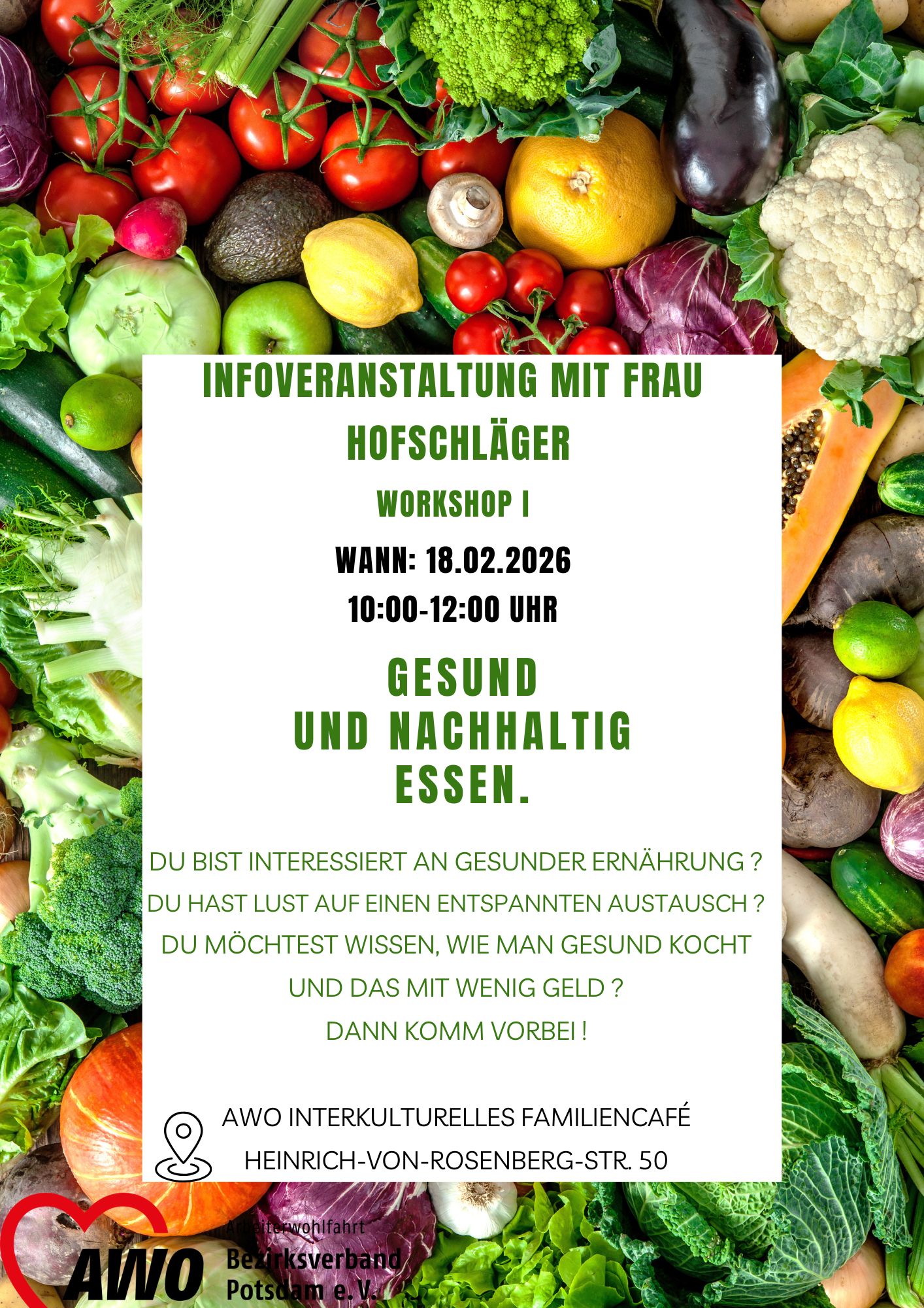 Einladungsflyer zu einem Workshop zu gesunder Ernährung mit Angabe des Datums und der Zeit