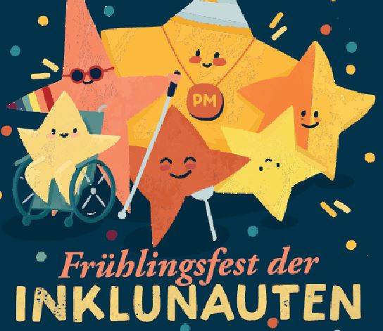 Sterne mit verschiedenen Behinderungen, im Rollstuhl, mit Prothese, mit Blindenstock fröhlich gemeinsam.