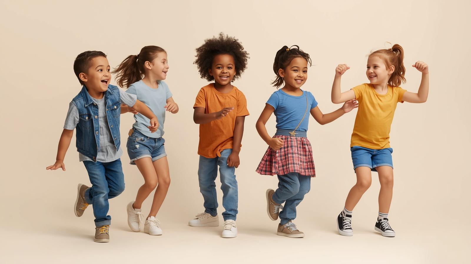 Das Bild zeigt fünf tanzende Kinder