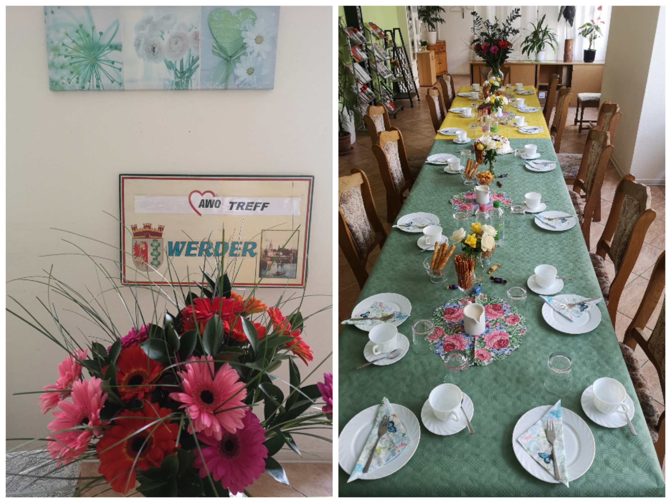 Collage 2 Bilder. 1. Bild ein Blumenstrauß, 2. Bild ein hübsch gedeckter Tisch