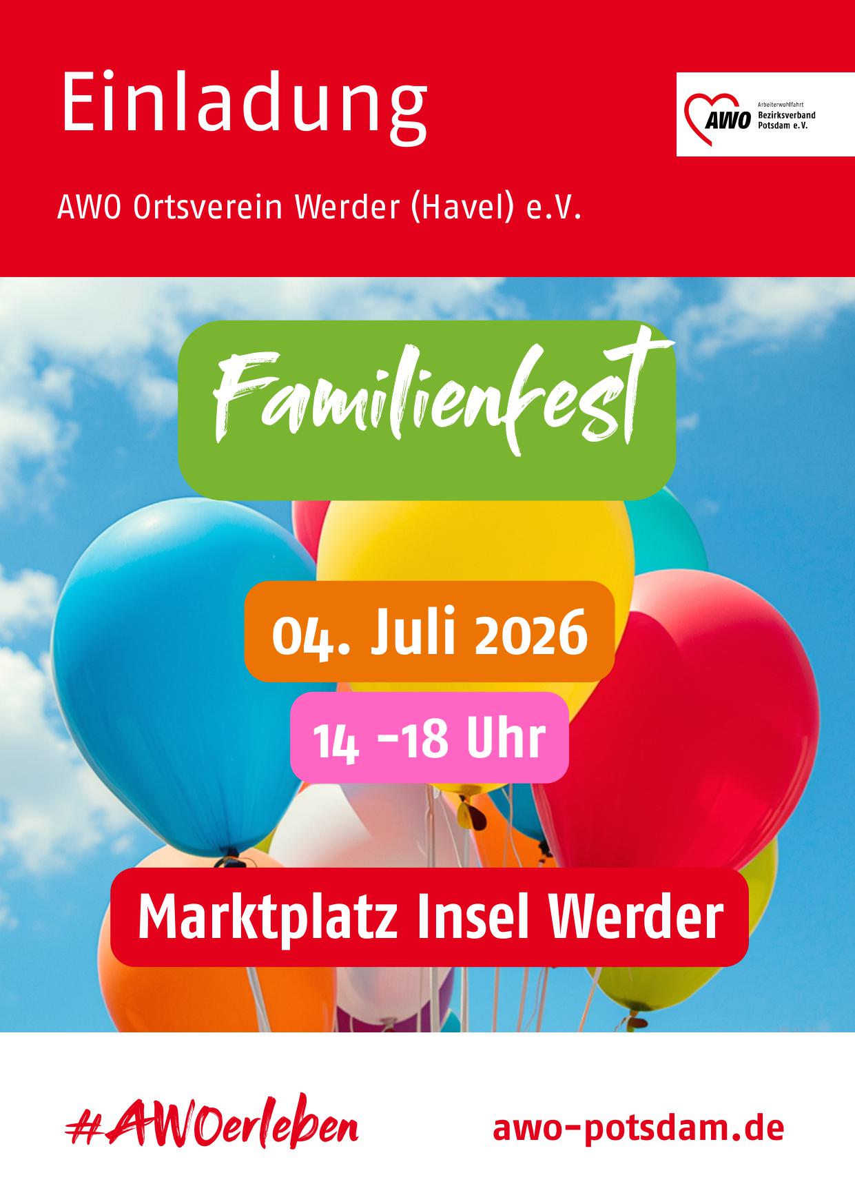 Plakat für AWO Familienfest, Luftballons im Hintergrund