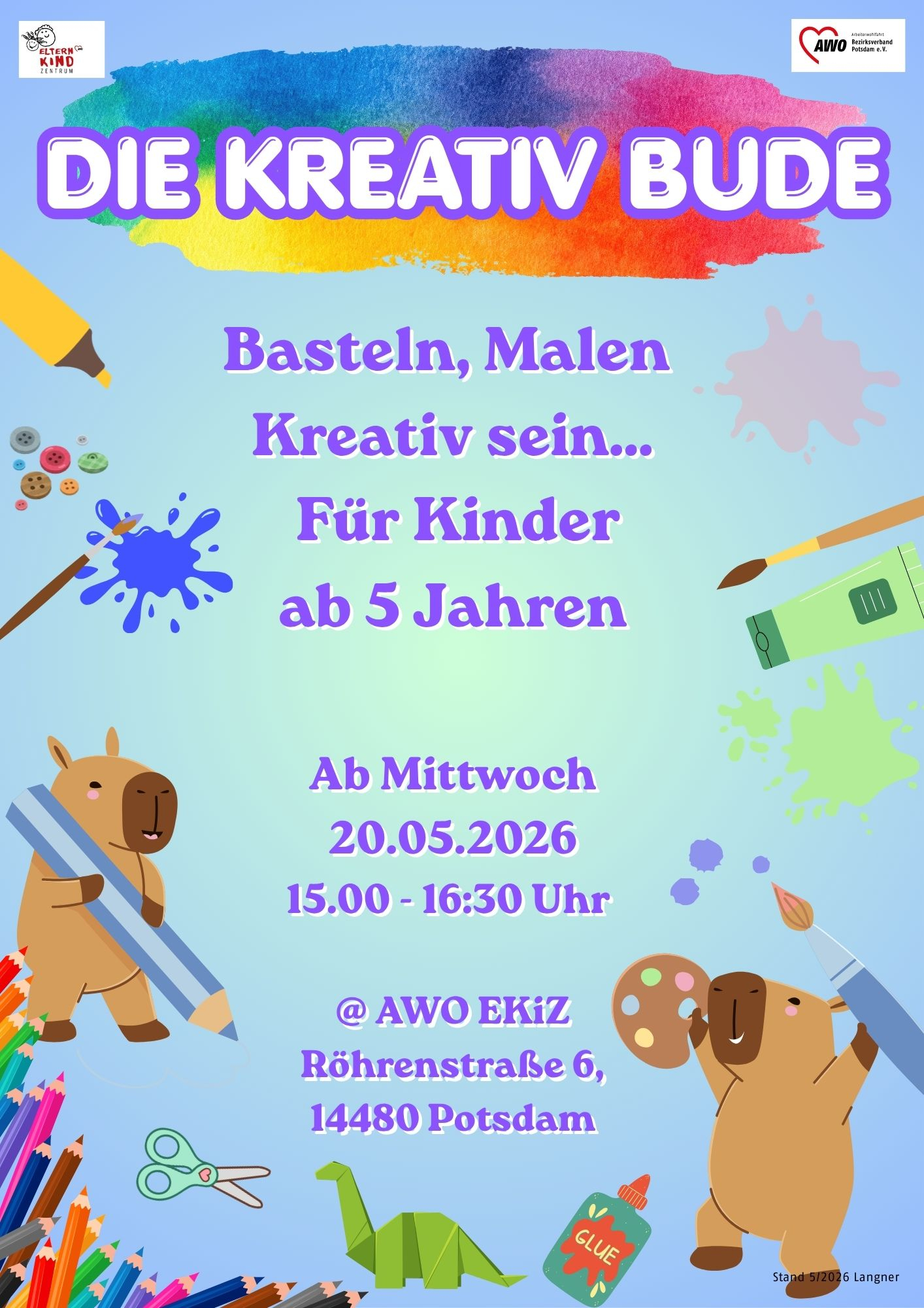 Stifte, Schere, Farbklekse und zwei Capybaras mit Stift und Pinsel in der Hand. Oben steht "Die Kreativ Bude"
