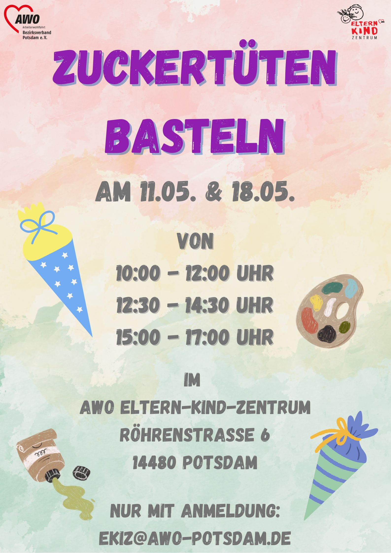 Text der auf die Veranstaltung zum Zuckertürenbasteln hinweist, zwei Zuckertüten, eine Farbtube, ein Mischpalette