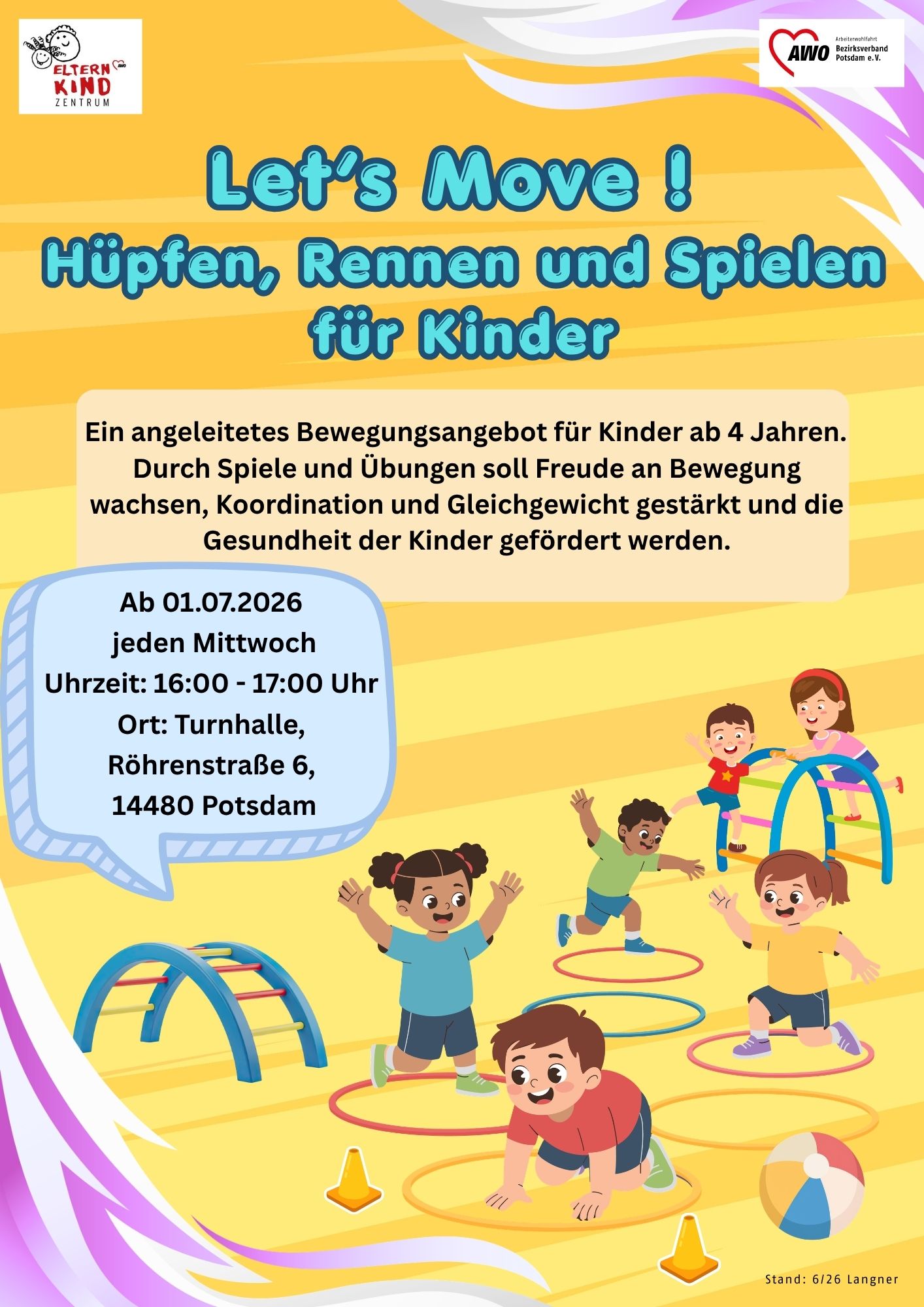 6 Kinder spielen, springen und klettern, ein Ball und zwei gelbe Kegel, der Hintergrund ist gelb. In blauer farbe steht "Lets Move! - Hüpfen, Rennen und Spielen für Kinder"