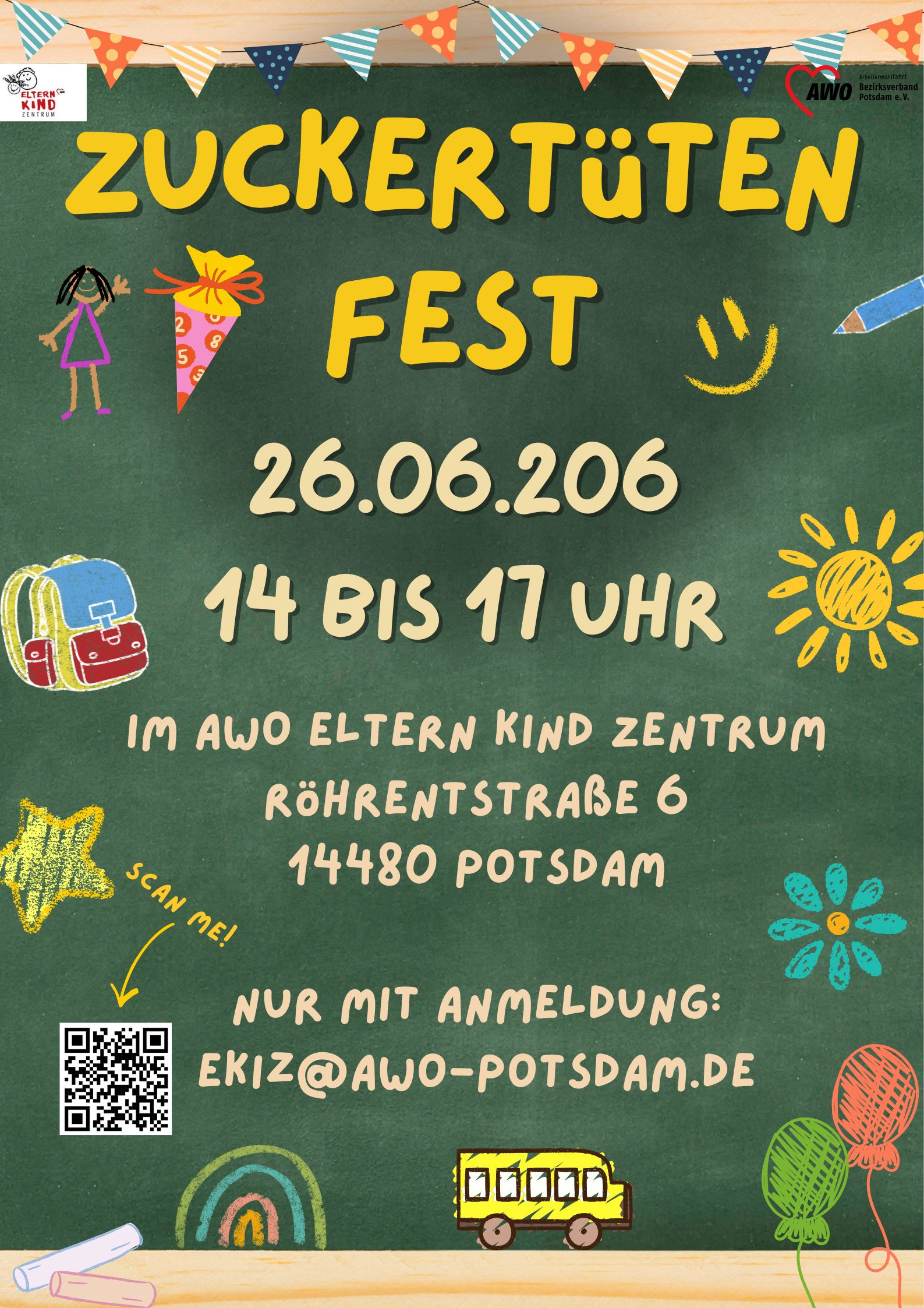 Eine Schultafel mit verschiedenen bunten Motiven. Ein Text weist auf das Zuckertütenfest im EKiZ hin