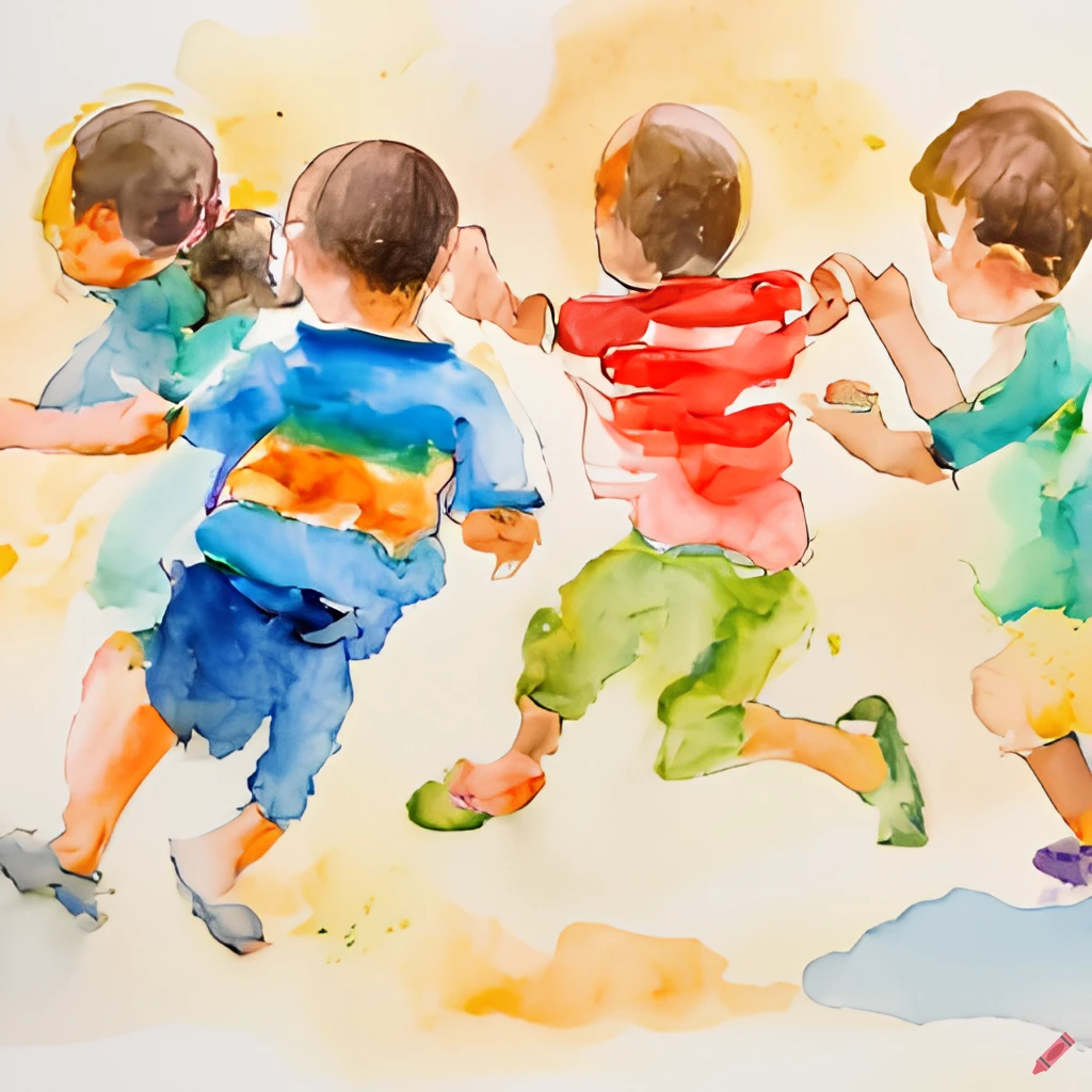 4 Kinder rennen und spielen, gezeichnet in bunten Aquarellfarben