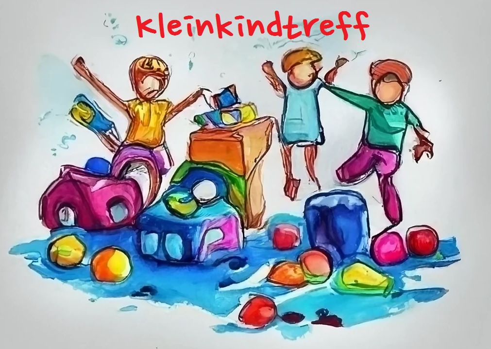 Es sind drei Kinder zu sehen, die mit Spielzeug spielen. Das Bild ist mit Wasserfarben gemalt und leicht abstrakt