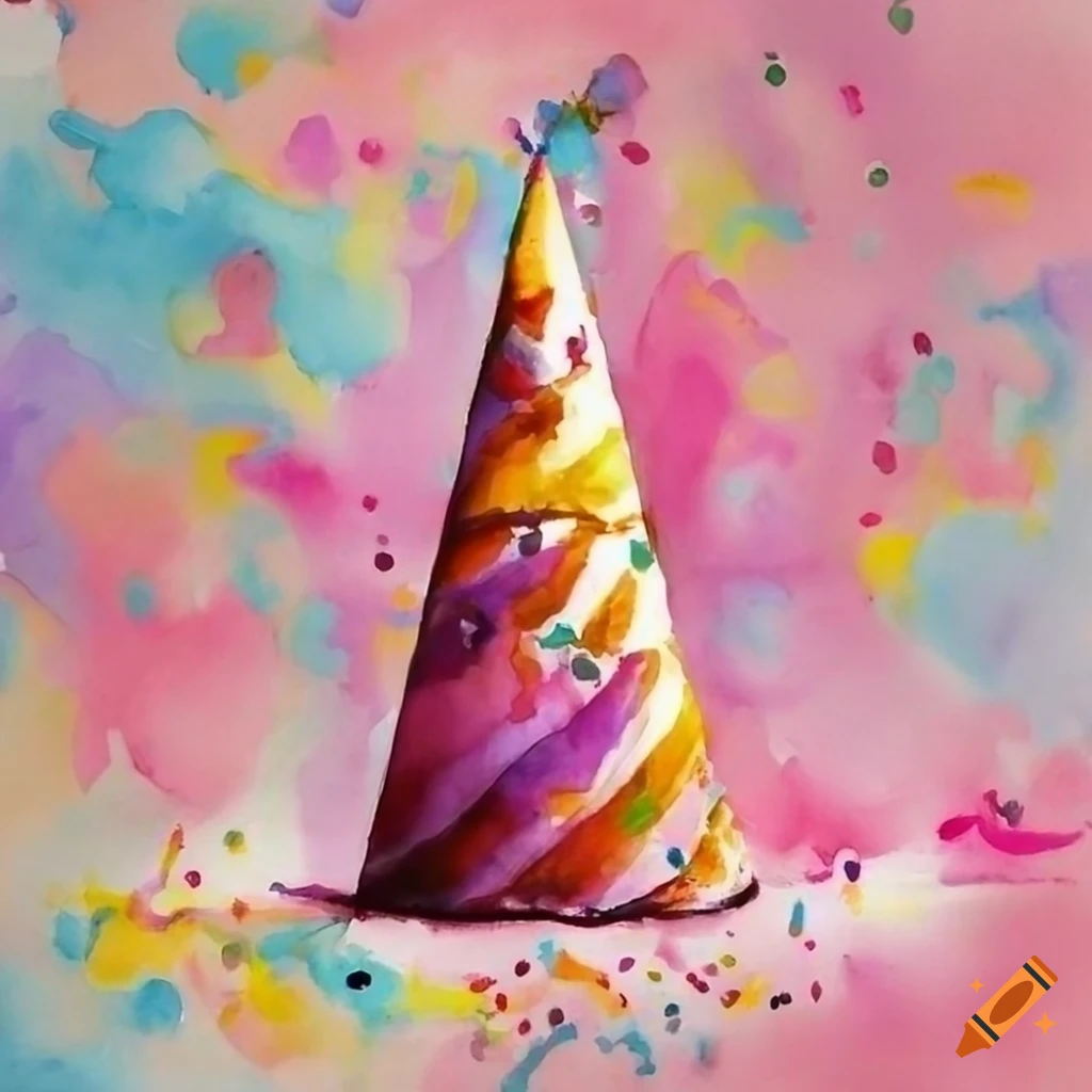 Ein Partyhut steht einsam da, Das Bild wurde in Wasserfarben gemalt. Es regnet buntes Konfetti