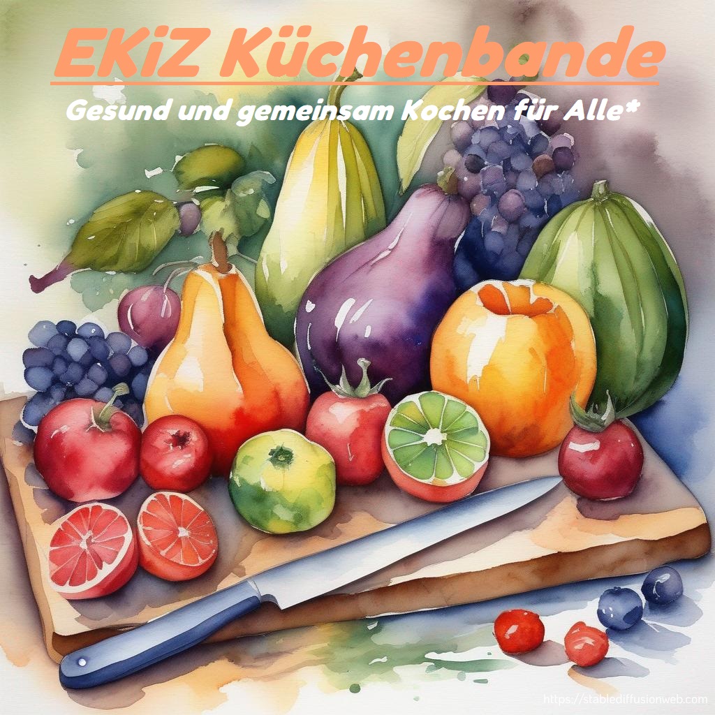 Geschnittene Früchte und Gemüsesorten liegen auf einem Schneidebrett. Darüber steht die Überschrift: EKIZ Küchenbande - Gesund und gemeinsam Kochen für Alle.
