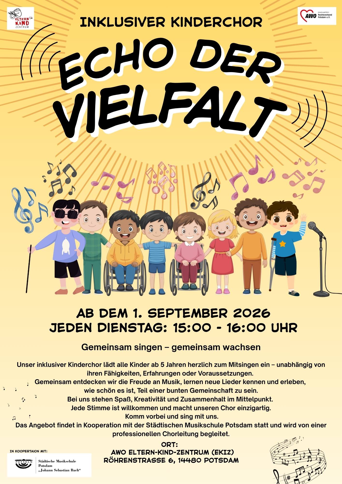 Kinder mit und ohne Behinderung stehen in einer Reihe und singen. Über ihren Köpfen sind bunte Noten. Der Hintergrund ist gelb und oben steht in schwarzer Schrift: Inklusiver Kinderchor - Echo der Vielfalt
