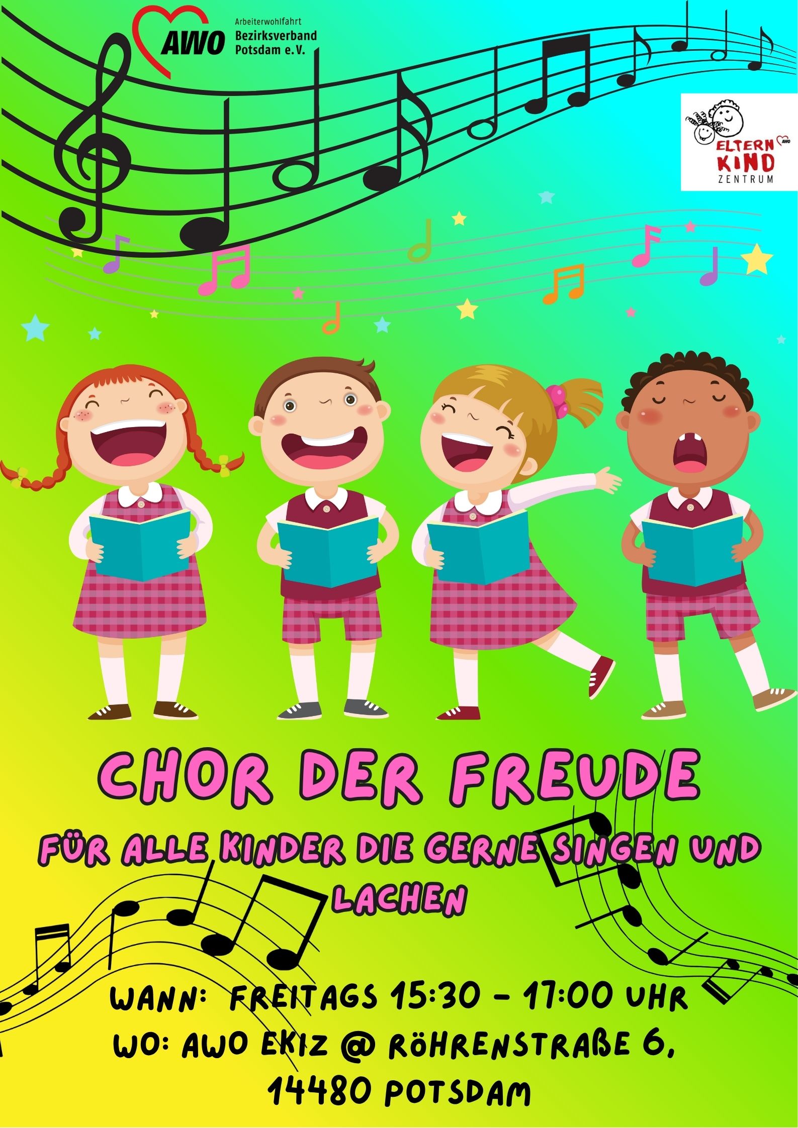 Zu sehen ist ein Werbeplakat für einen Kinderchor mit dem Namen "Chor der Freude" Auf dem grünen-gelben Hintergrund sind 4 Kinder zu sehen die Singen. Umgeben von Notenlinien und Noten