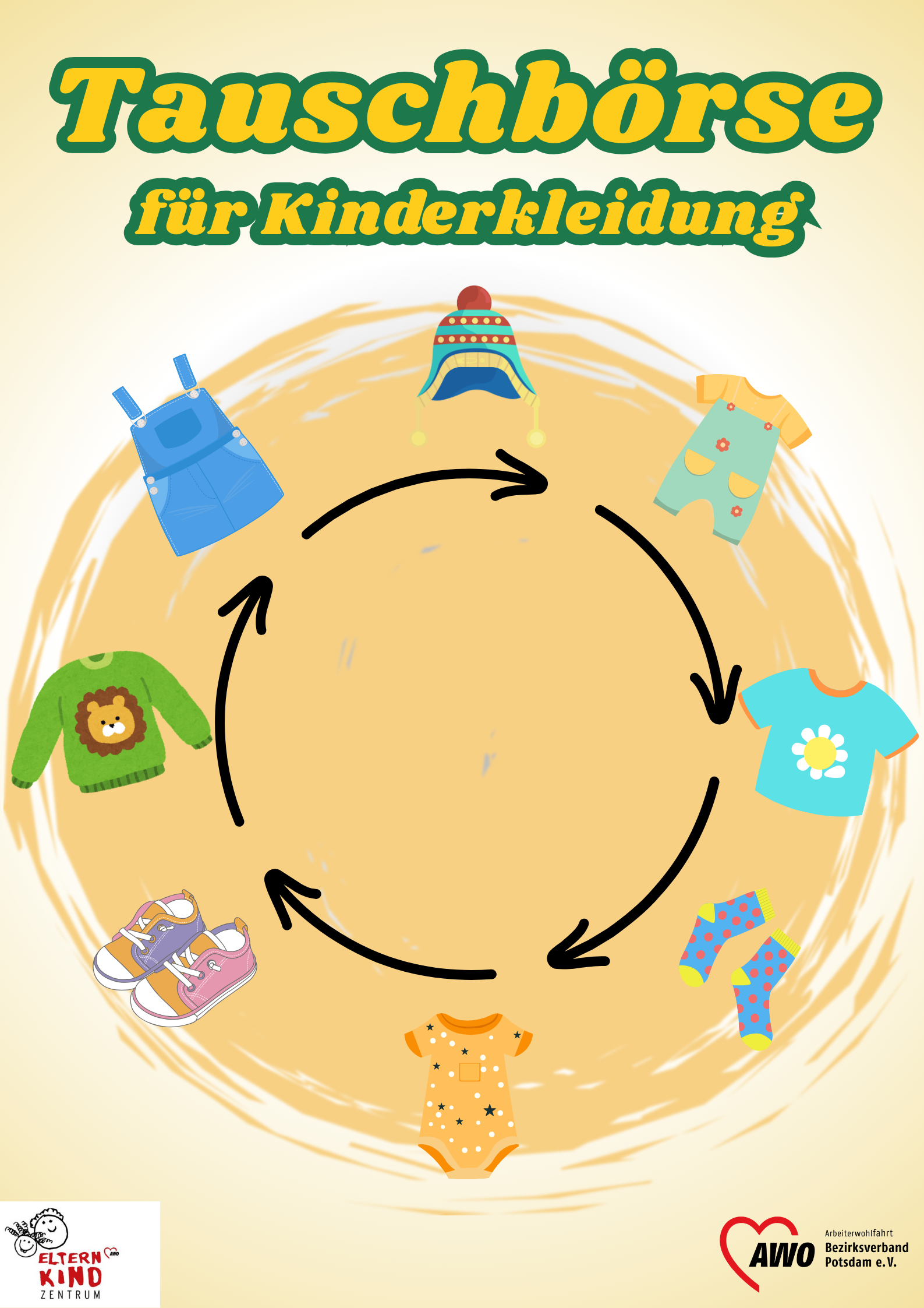 Es ist Kinderkleidung zu sehen und die Überschrift Tauschbörse für Kinderkleidung