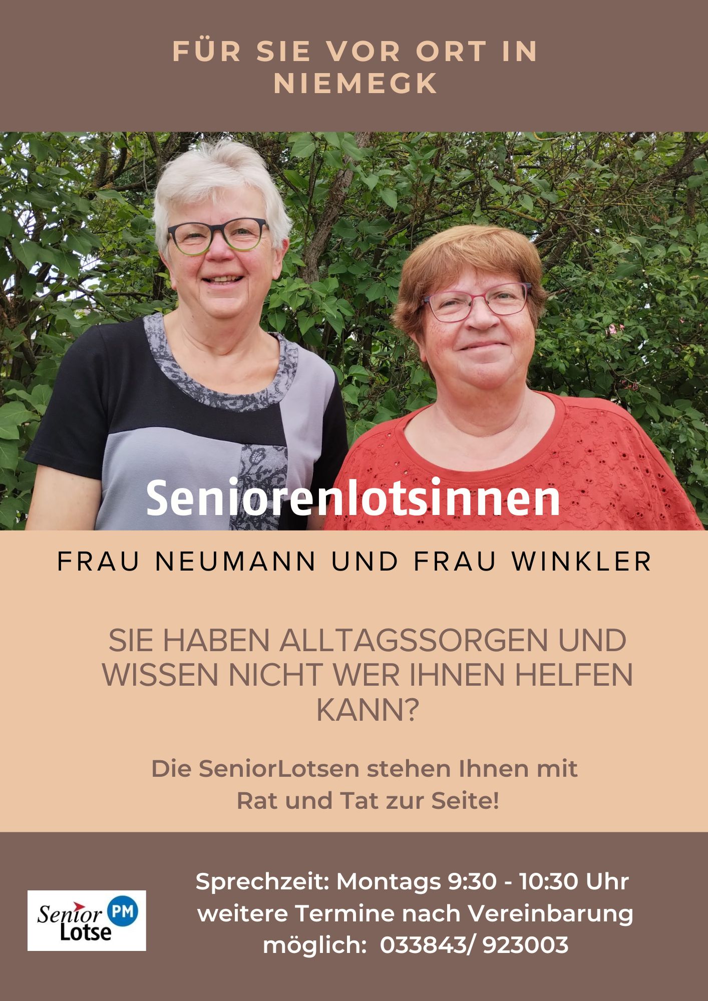 Info-Plakat: Senioren Lotsinnen. Zwei ältere Frauen im Grünen. Text: Frau Neumann und Frau Winkler    Für Sie vor Ort in Niemegk