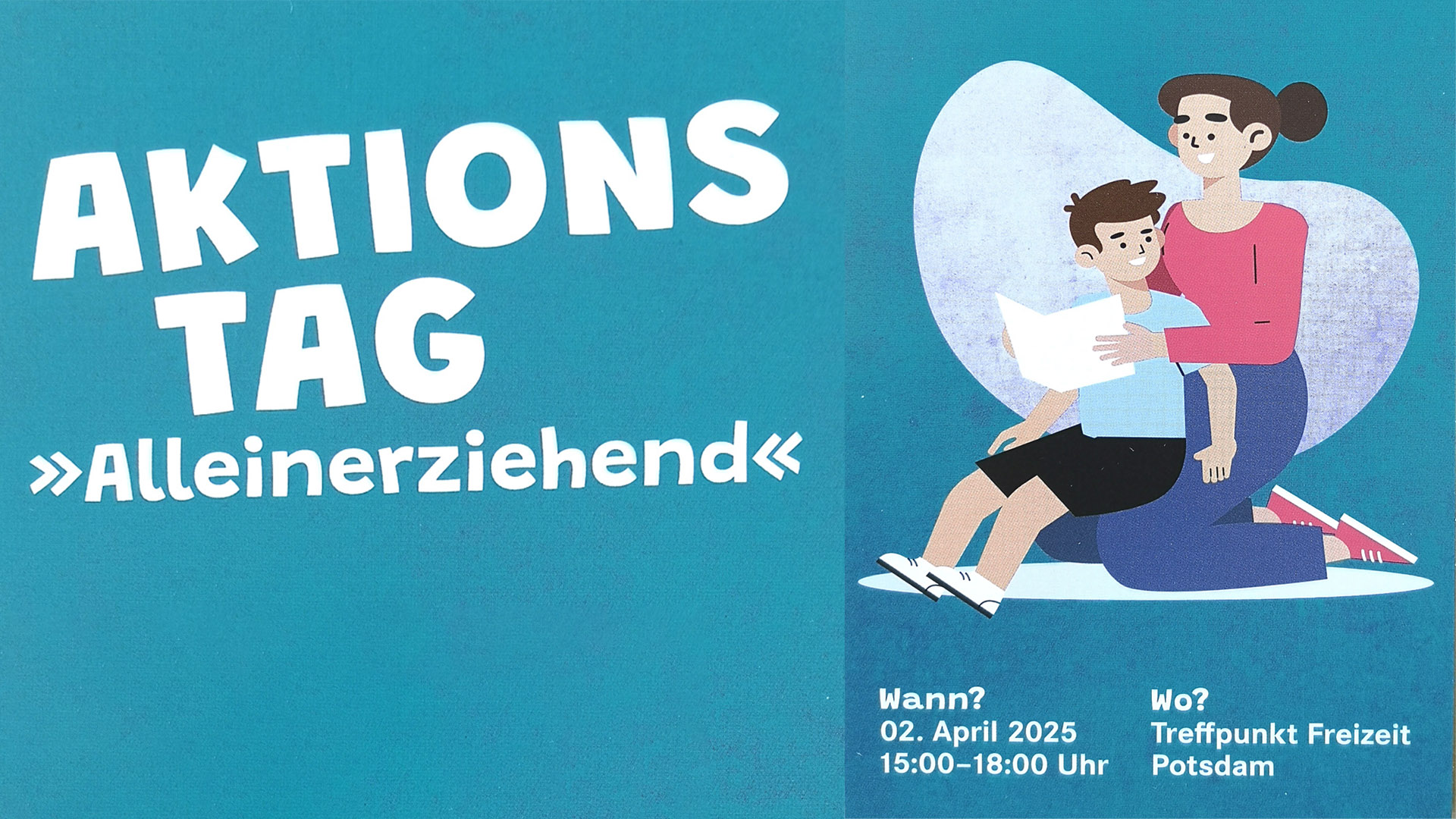 Plakat / Flyer: Aktionstag Alleinerziehend     -   Mutter liest Sohn aus einem Buch vor.