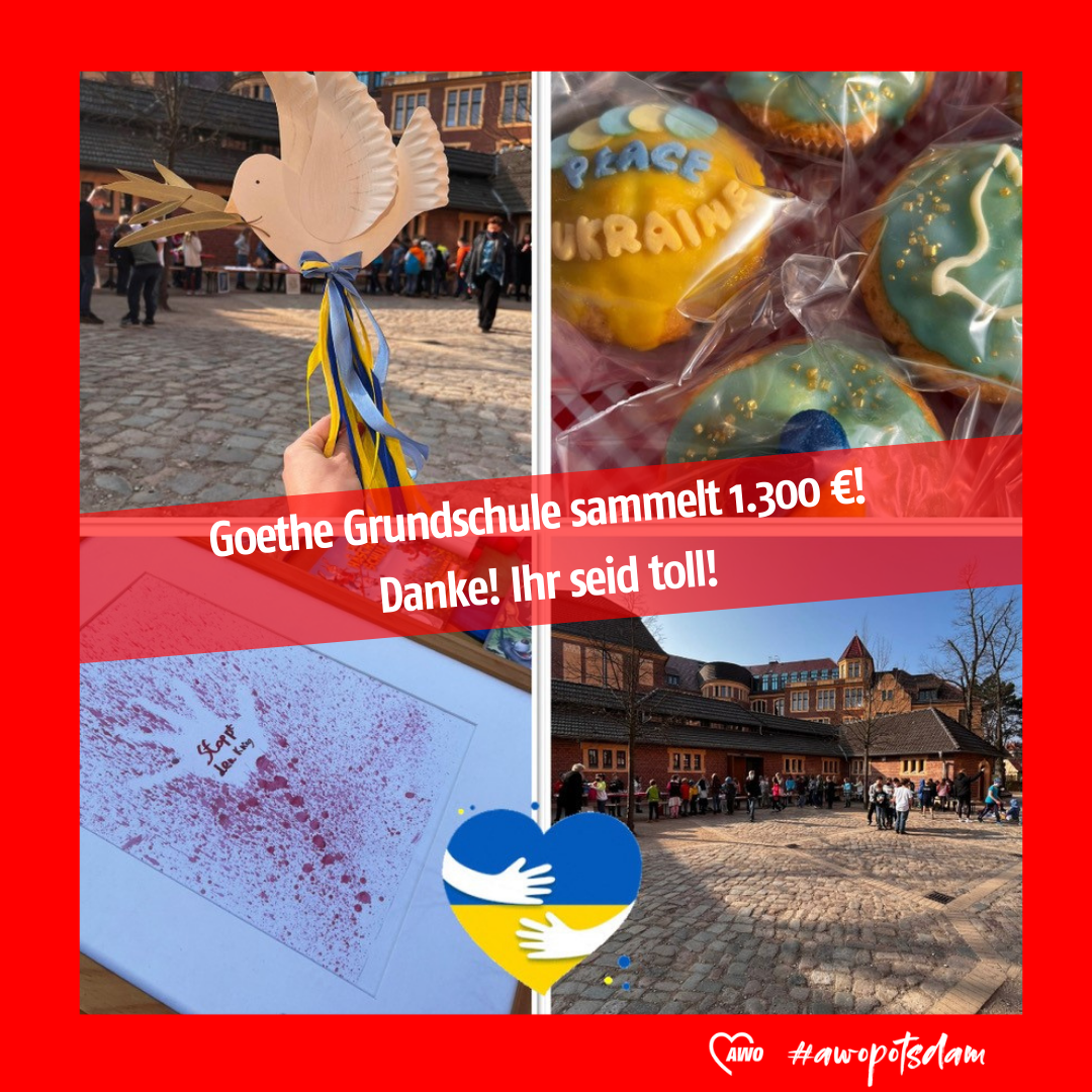 Bild mit vier Fotos und der Aufschrift: Goethe Grundschule sammelt 1.300 Euro