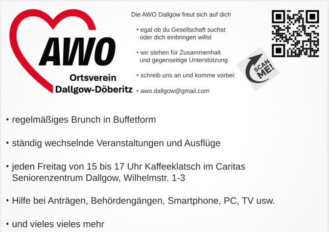 Flyer mit Infos zu Aktivitäten. Unteranderem Brunch, Veranstaltungen und Ausflüge, Kaffeeklatsch und Unterstützung mit Anträgen, Behörden oder Technik